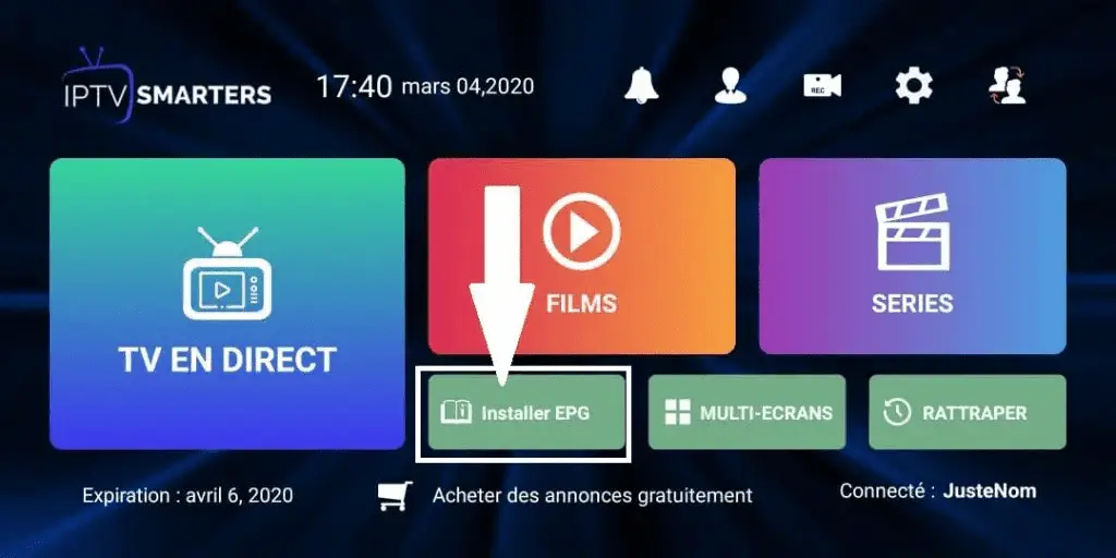 Interface principale d'IPTV Smarters Pro avec options TV en direct, Films, Séries et EPG pour IPTV France.