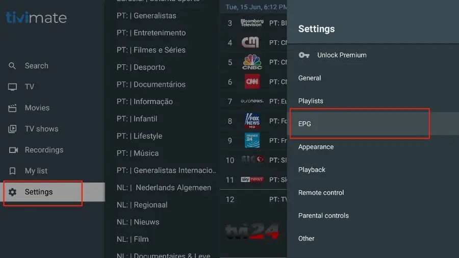 Paramètres TiviMate montrant l'option EPG pour configurer les chaînes avec IPTV France.